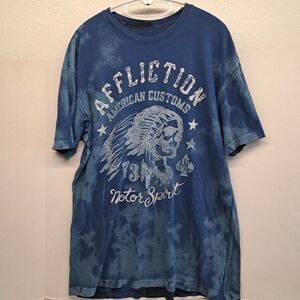 Affliction T Shirt Men L Blue Motor Spirit Indian Chief Skull American Rebel